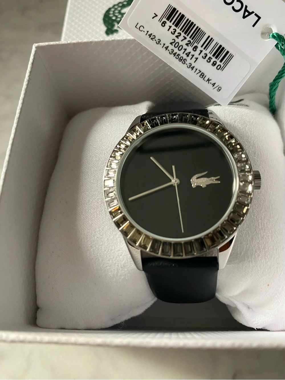 Lacoste Ladycroc 2001411 Women’s Watch Black Leather Band Crystal Bezel 36.5mm
